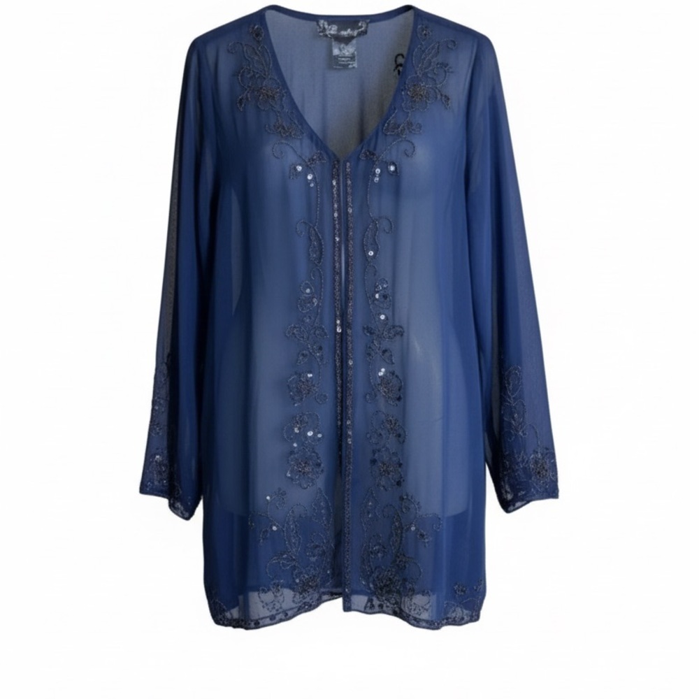 NWT - Susan Graver Navy Long Sleeve Kimono Cardigan with Bead Detail - Size M - Picture 2 of 8